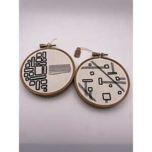 Cross Stitch Modern Art Black and White Pair in Hoops Wall Art Finished 4” Decor